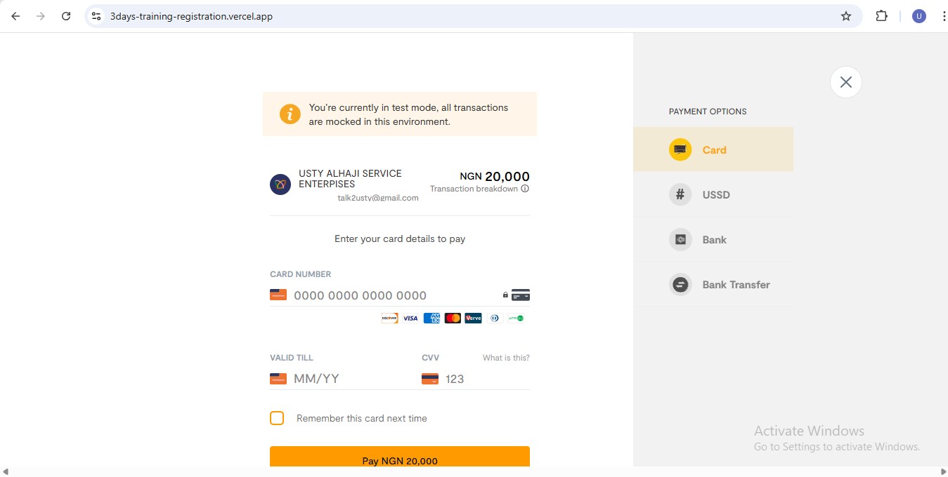 3-Days Training Registration Form Screenshot
